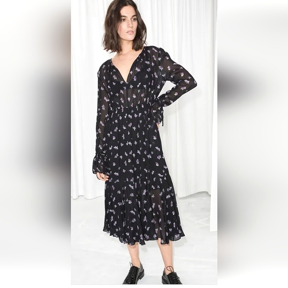 & Other Storied Printed midi dress tie neck. Sheer upper butterfly print. Size 2 - Picture 1 of 12